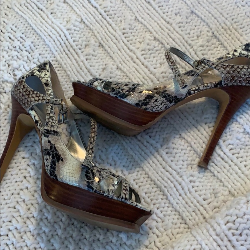 Snake print open toe strapped date night heel